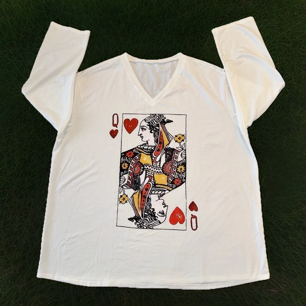 Queen Of Hearts Shirt Women's 4XL T-Shirt White Full‎ Sleeves Top Casual Costume